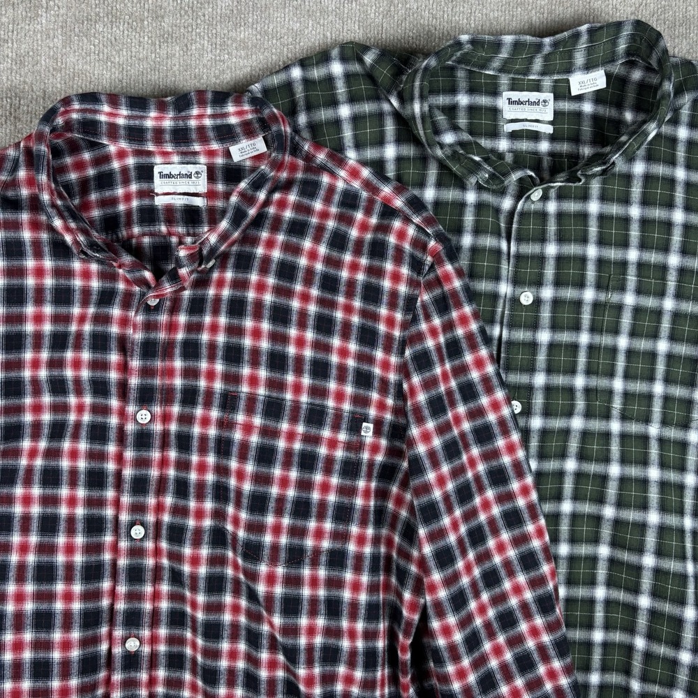 Lot of 2 Timberland Slim Fit Plaid Flannel Button Up Shirts Men's XXL Cotton